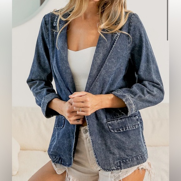 NEW TRENDY CHIC VINTAGE WASHED DENIM SINGLE BREASTED DENIM BLAZER - Picture 4 of 7